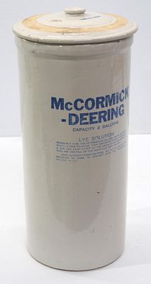 2-gallon McCormick Deering Lye Solution crock with lid - Very Good, 3" light crack from top rim