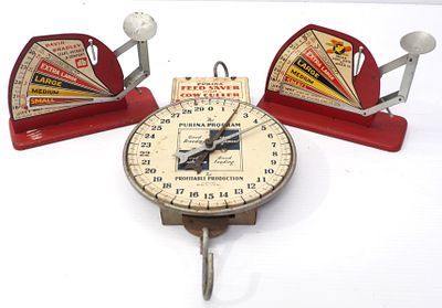 (3) Ag-related scales. Purina Program For Profitable Production spring scale / David Bradley egg 