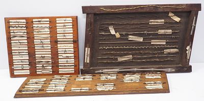 (3) Boards of various styles of barb wire samples