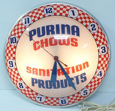 Purina Chows Sanitation Products lighted clock. 16"dia. tin & glass double bubble Purina Chows 
