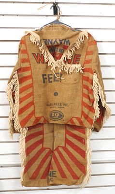 Child-size Indian shirt & pants made out of Wayne Feed bags, with fringe