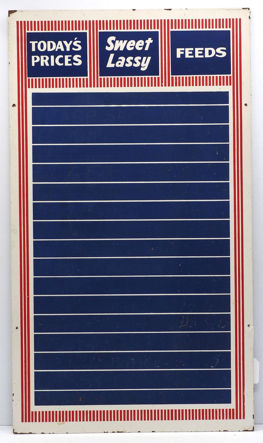 Lot 729: Sweet Lassy Feeds chalkboard price sign