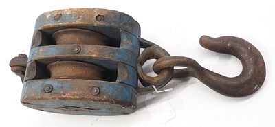 Wood & cast iron pulley with original blue paint, stamped USS AR on side, 21"L