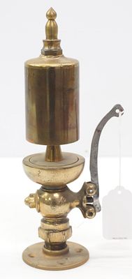Brass 1-chime steam whistle with handle, 3"dia. x 12"H overall