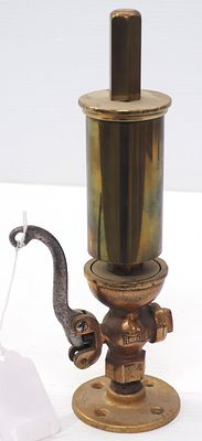 Brass 1-chime steam whistle with handle, 2.25"dia. x 11"H overall