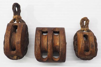 (3) Miniature wooden pulleys, double is 1.75"x2"