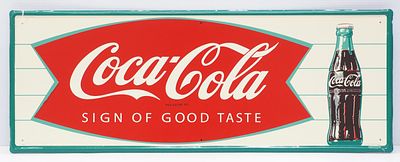 Coca Cola sign with fishtail & bottle graphics. NOS 32"x12" SST Coca Cola sign with fishtail 