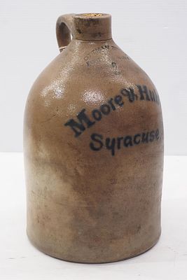 2-gallon crock jug with markings for Moore &amp; Hubbard, Syracuse, NY and Ottman Bros - Very 