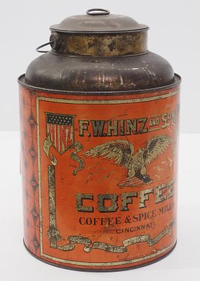 5-lb tin F. W. Hinz and Son Coffee tin with lid &amp; handle, Cincinnati - Good Condition Good