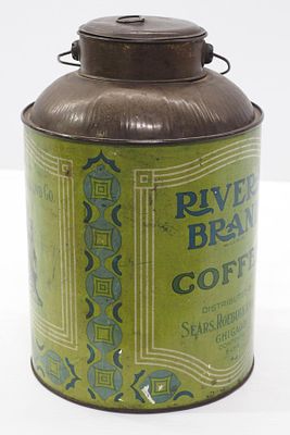 5-lb tin Rivera Brand Coffee tin with lid &amp; handle, dist. by Sears, Roebuck &amp; Co. 
