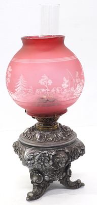 Kerosene lamp with pewter base and pink decorative shade, 19"H * * Not eligible for in-house 