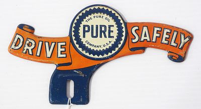 Pure Oil Co. Drive Safely tin license plate topper