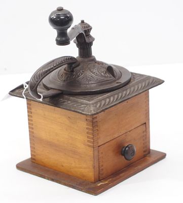 Wood & cast iron tabletop coffee grinder. Wood & cast iron tabletop, hand-crank coffee grinder 