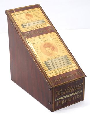 Country store tin countertop container for West Electric Hair Curlers with flip-up top 