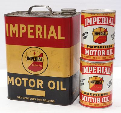 (3) Imperial Motor Oil tins -full: (1) 2-gallon / (2) 1-quart