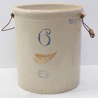 6-gallon Red Wing crock with wire handles, patented Dec. 21st, 1915 - Good, 3.5" crack from top 