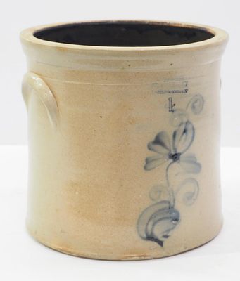 4-gallon crock with blue flower decoration, stamped F.W. Codworth, Burlington VT - Good, a few 