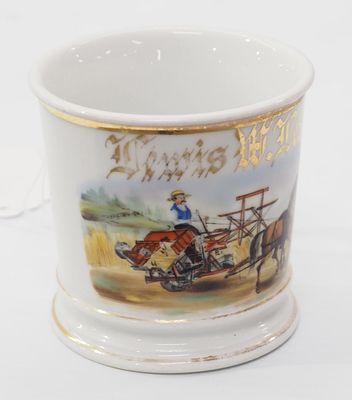 Occupational shaving mug with horse-drawn thrashing machine, made in France - no chips or 