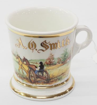 Occupational shaving mug for A.O. Smith with horse-drawn farm scene - no chips or cracks, some 
