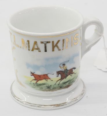 Occupational shaving mug for T.L. Matkins Jr with cowboy roping scene - no chips or cracks 