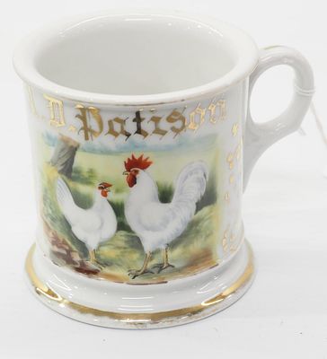 Occupational shaving mug for A.D. Patison with chicken graphics - no chips or cracks, some paint 