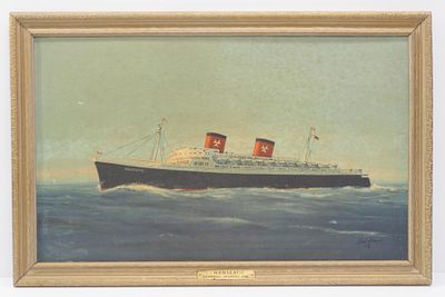 Framed lithograph of ocean liner SS Hanseatic, Hamburg-Atlantic Line, wood frame measures 35"x22.5"
