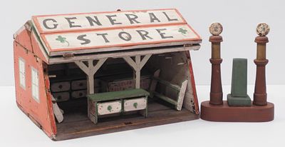 Folk art, wooden General Store building with movable counters with drawers, lift-up roof and 