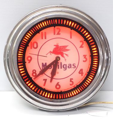 Mobilgas neon spinner clock. 14.5"dia. metal &amp; glass Mobilgas neon spinner clock by Neon 