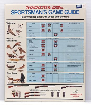 Winchester Sportsman's Game Guide. 23"x28" tin over cardboard Winchester Western Sportsman's 