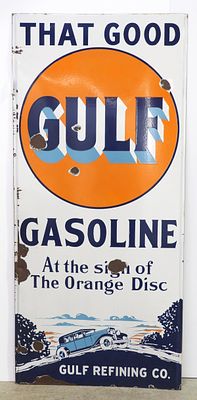 Gulf Gasoline sign. 27.5"x60" SSP Gulf Gasoline "At the sign of the Orange Disc" sign with great 