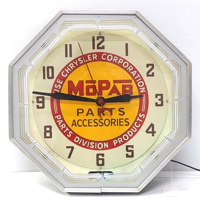 Mopar Parts & Accessories neon clock. 18.5"dia. metal &amp; glass Mopar Parts &amp; Accessories 