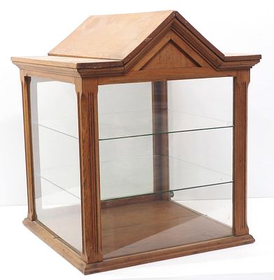 Oak country store countertop display case with pitched roof, 2 glass shelves &amp; glass back 