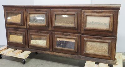 8-drawer country store seed counter base, 87"x16"x35.5"H - Face &amp; drawers good * * Not 
