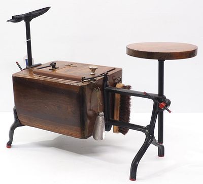 Early wood & cast iron shoe shine stand with adjustable seat & foot rest, lots of tools & 