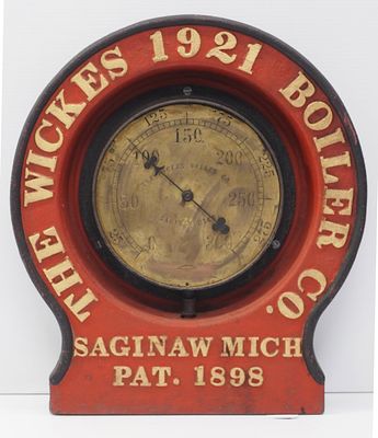 The Wickes 1921 Boiler Co. steam gauge in cast iron frame, marked Saginaw, Mich. Patent 1898 