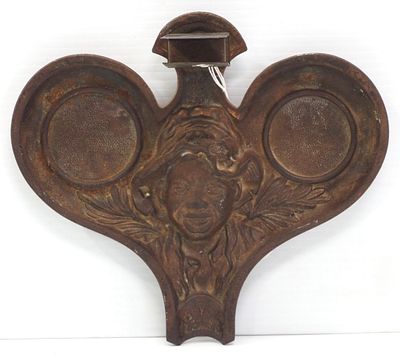 Metal double ash tray with match holder with sharecropper face, 9"x8"
