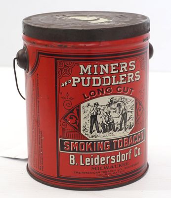 Miners and Puddlers Tobacco tin. Miners and Puddlers Long Cut Smoking Tobacco tin with vented 