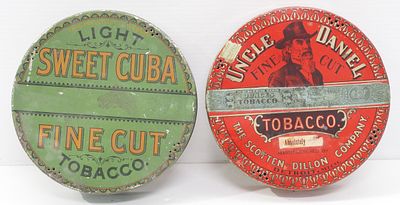(2) Colorful tobacco tins, both 8.5"dia: Sweet Cuba / Uncle Daniel