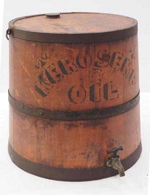 Wooden Kerosene Oil bucket with spigot and handle and some stenciling, 13"dia x 13"H