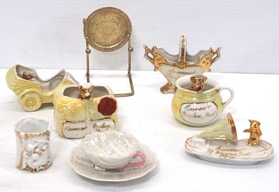 Box lot of miniature souvenier dishes including Goshen, Fort Wayne, and Peru