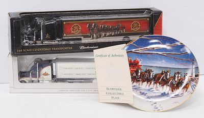 (3) Budweiser advertising pieces: Collectors Plate / (2) 1/64 scale semi trucks with trailers - 
