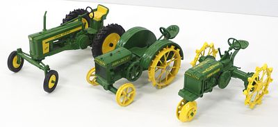 (3) John Deere tractors. (3) 1/16 scale John Deere tractors: Wide Tread GP, Spoke Wheel, and 520
