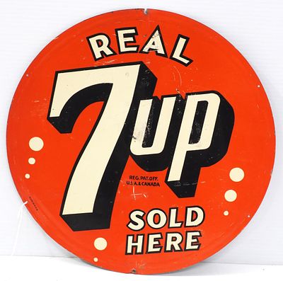 Real 7-Up Sold Here sign. 14"dia. SST Real 7-Up Sold Here sign - Fair with creases and 