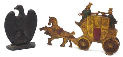(2) Cast iron doorstops: London Mail carriage with horses, 12"L x 7"H / eagle stamped 1188 on 
