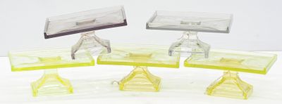 (5) Clark's Teaberry Gum glass display stands, 3 yellow uranium, 1 STA, 1 clear