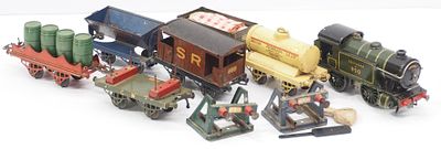 8-pc tin Hornby Series toy train set with locomotive, coal car, petroleum car, barrel car and 