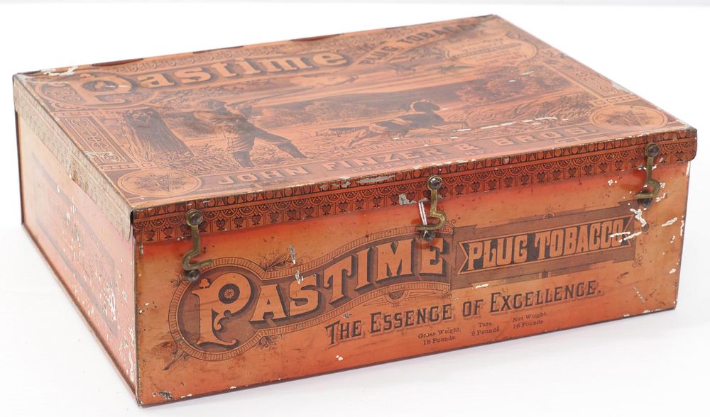Pastime Plug Tobacco tin box with hunting scenes, 12.5"x9.5"x4"H - Good, some paint loss 