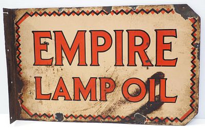 Flanged Empire Lamp Oil sign. 24"x15" DSP flanged Empire Lamp Oil sign - Rough with paint drips 