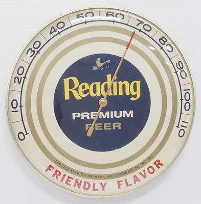Reading Premium Beer thermometer. 12"dia. metal &amp; glass Reading Premium Beer thermometer - 