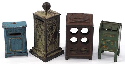 (4) Cast iron banks: green US Mail box / Stop Save stoplight, 5.75"H / blue heater / Washington 